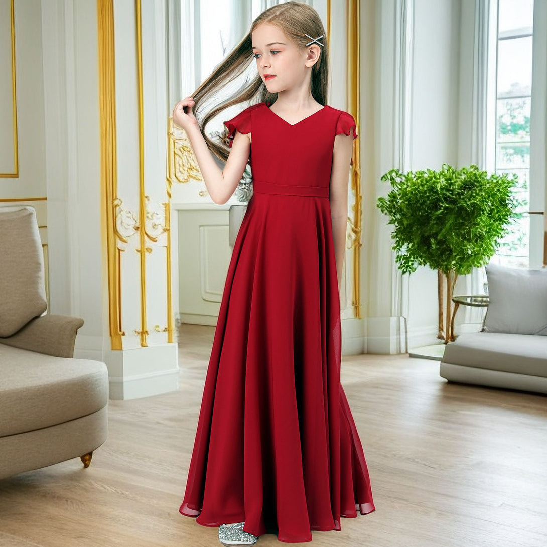 V-Neck Flutter Straps Chiffon Junior Bridesmaid Dresses/Girls Birthday Dresses With Belt Gidiondress