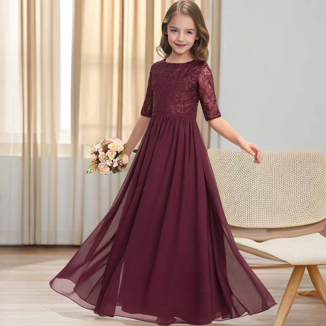 Half Sleeve Floor-Length Chiffon/Lace Junior Bridesmaid Dress/Girls Dresses Girls Gidiondress as picture 12M