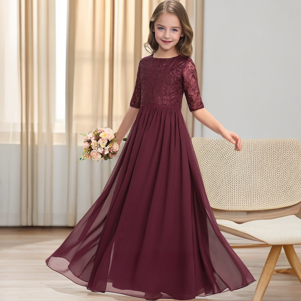Half Sleeve Floor-Length Chiffon/Lace Junior Bridesmaid Dress/Girls Dresses Girls Gidiondress as picture 12M