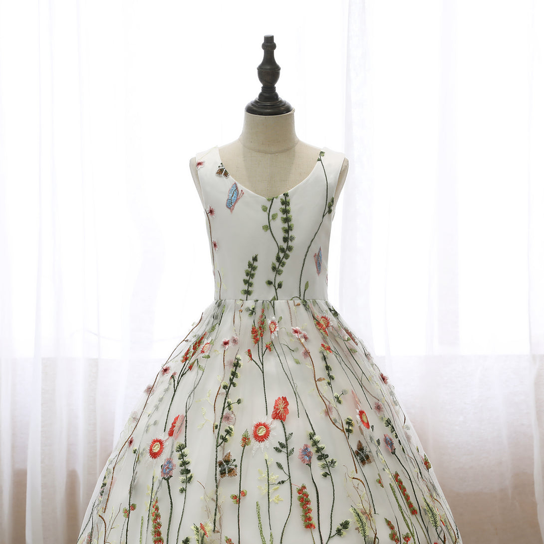 V-Neck Sleeveless Floor-Length Lace/Satin Flower Girl Dresses With Belt Gidiondress