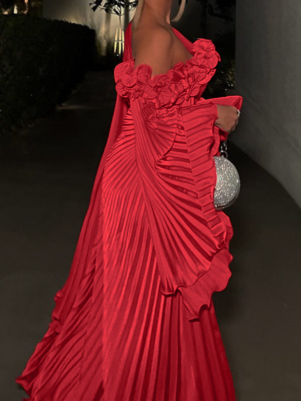A-Line/Princess One-Shoulder Long Sleeves Floor-Length Plus Size Evening Dresses With Cascading Ruffles BabaMila