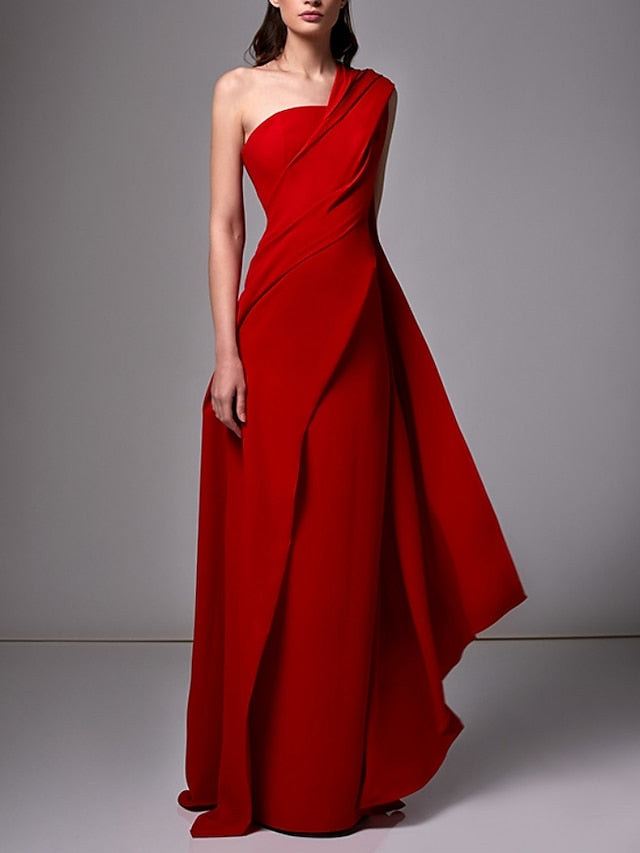 Sheath/Column One-Shoulder Sleeveless Red Evening Dresses With Pleats Ruched BabaMila