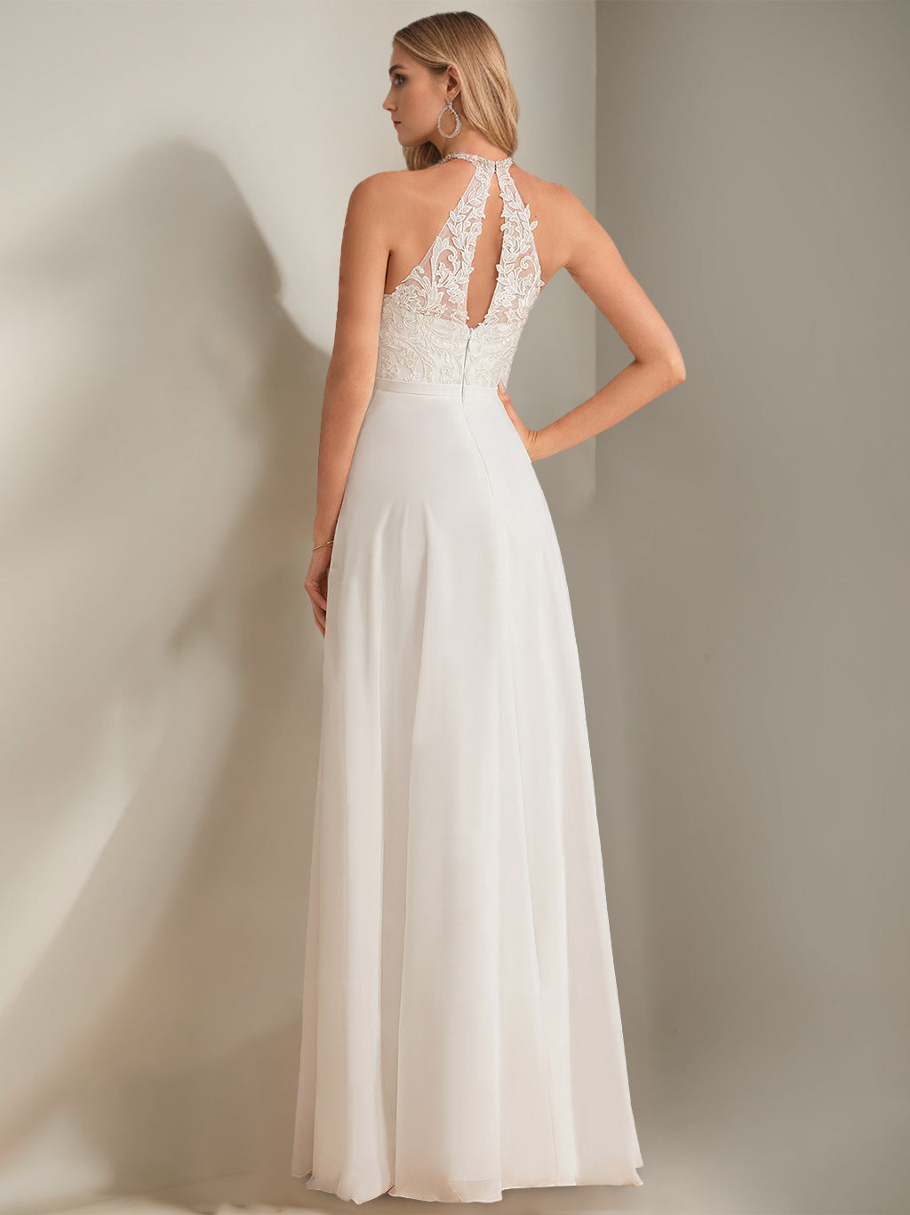 A-Line/Princess Halter Neck Sleeveless Floor-Length Wedding Dress with Lace Appliques BabaMila