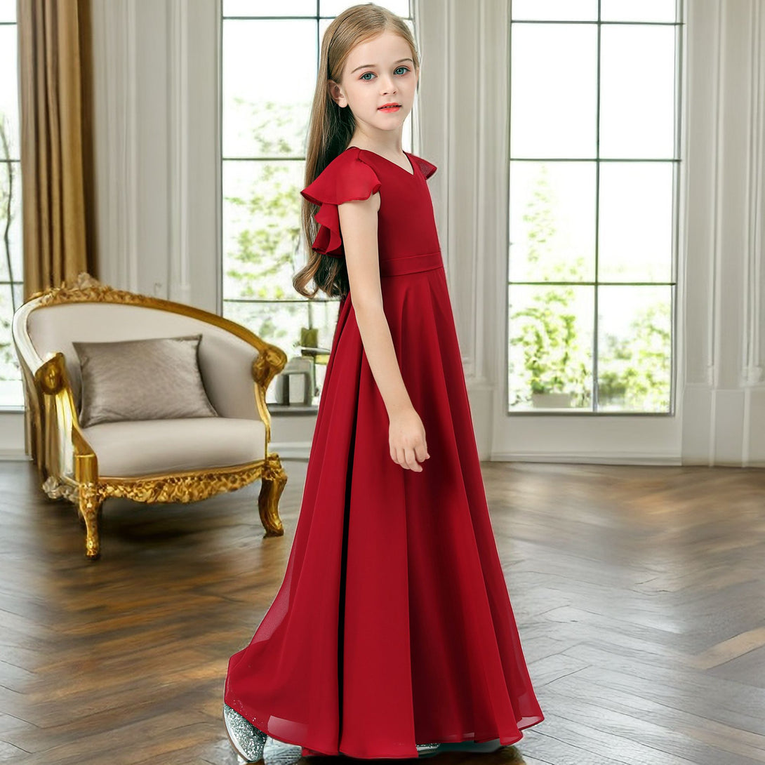 V-Neck Flutter Straps Chiffon Junior Bridesmaid Dresses/Girls Birthday Dresses With Belt Gidiondress