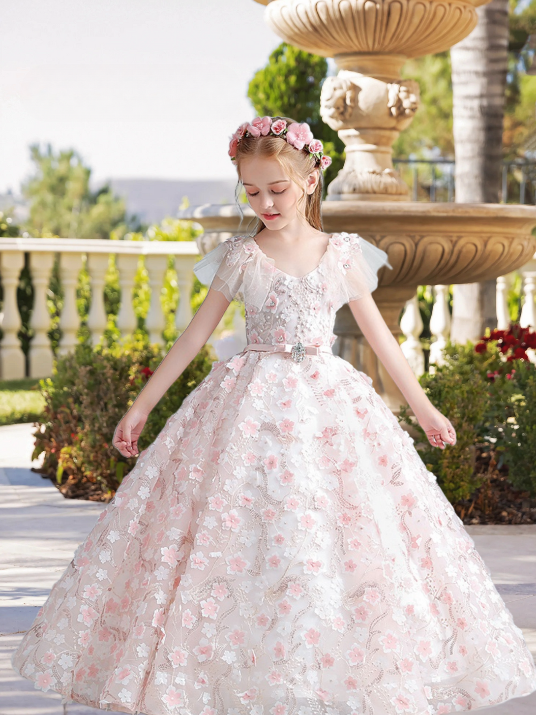 Exquisite V-Neck Flutter Straps Floor-Length Satin/Lace/Tulle Girls Birthday Dresses With Belt/Appliques/3D Flower Gidiondress