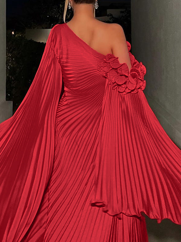 A-Line/Princess One-Shoulder Long Sleeves Floor-Length Plus Size Evening Dresses With Cascading Ruffles BabaMila