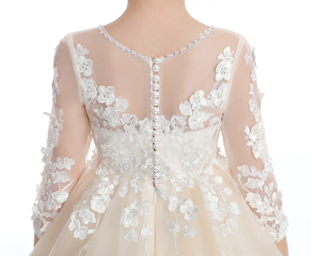 Ball Gown/Princess 3/4 Sleeve Scoop Neck Floor-Length Lace/Tulle Flower Girl Dresses/First Communion Dress With Appliques/Beads Girls Gidiondress