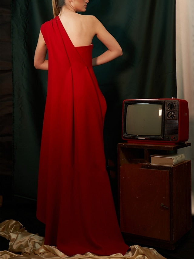 Sheath/Column One-Shoulder Sleeveless Red Evening Dresses With Pleats Ruched BabaMila