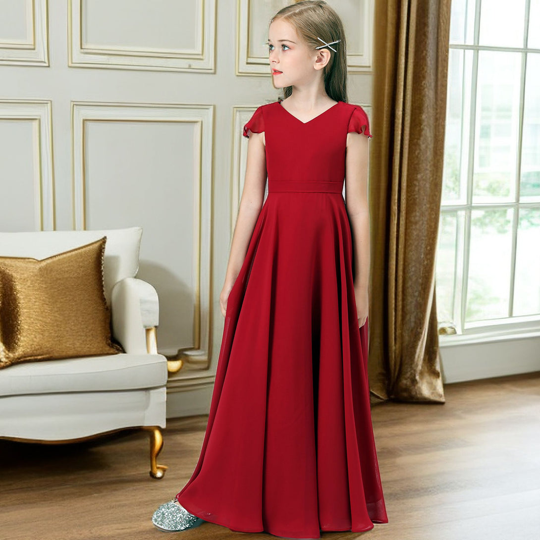 V-Neck Flutter Straps Chiffon Junior Bridesmaid Dresses/Girls Birthday Dresses With Belt Gidiondress as picture 12M