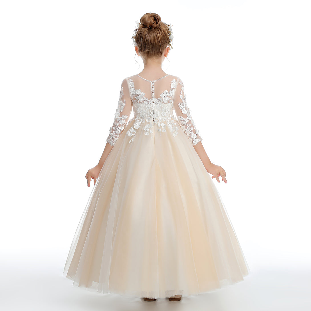 Ball Gown/Princess 3/4 Sleeve Scoop Neck Floor-Length Lace/Tulle Flower Girl Dresses/First Communion Dress With Appliques/Beads Girls Gidiondress