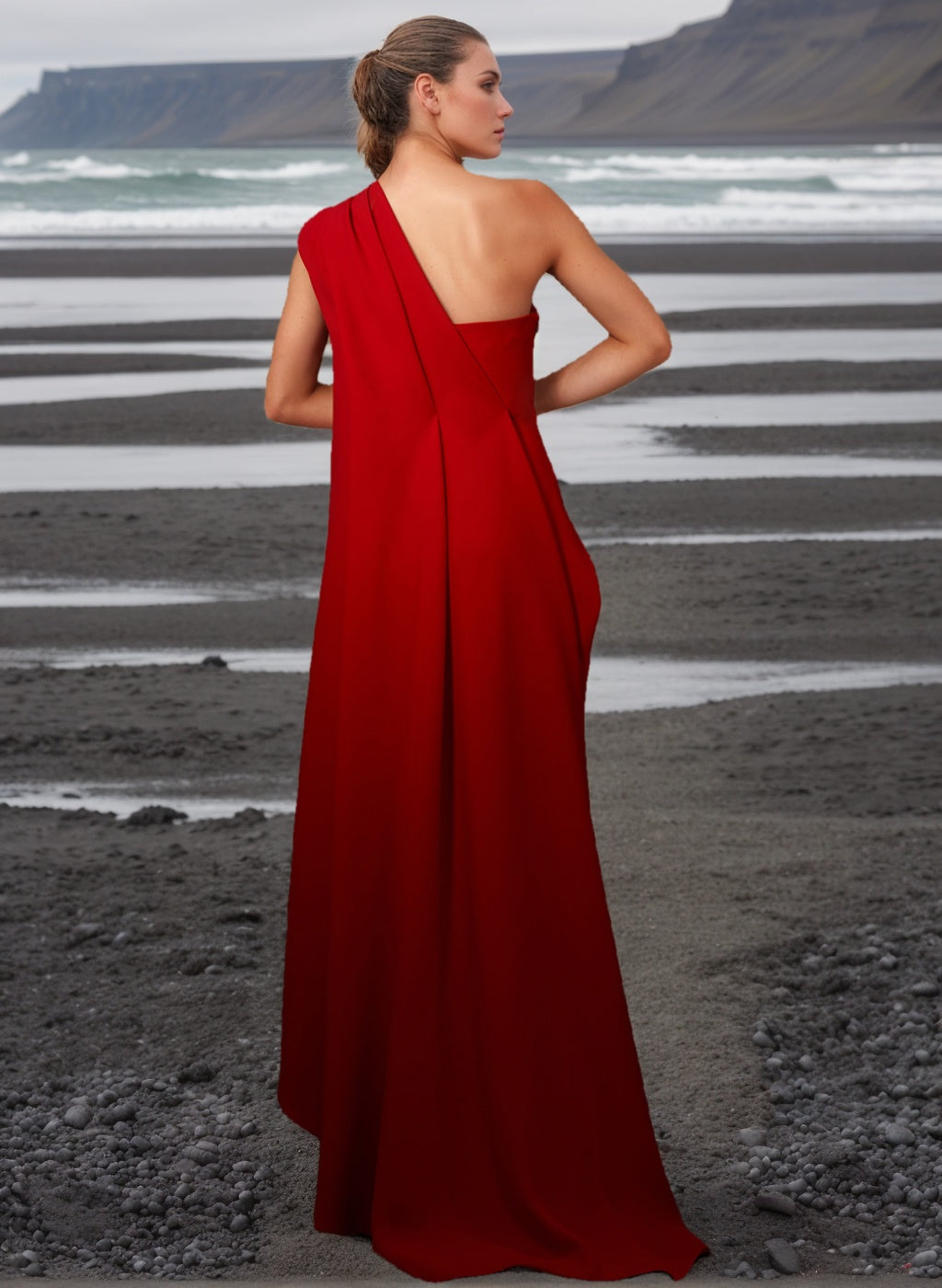 Sheath/Column One-Shoulder Sleeveless Red Evening Dresses With Pleats Ruched BabaMila