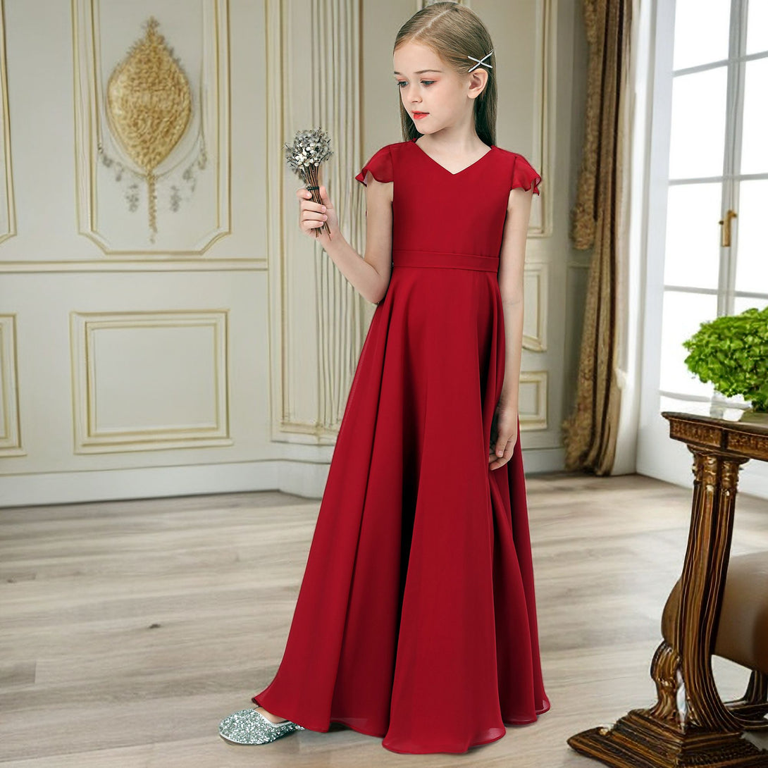 V-Neck Flutter Straps Chiffon Junior Bridesmaid Dresses/Girls Birthday Dresses With Belt Gidiondress