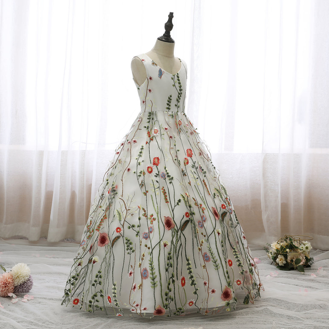 V-Neck Sleeveless Floor-Length Lace/Satin Flower Girl Dresses With Belt Gidiondress