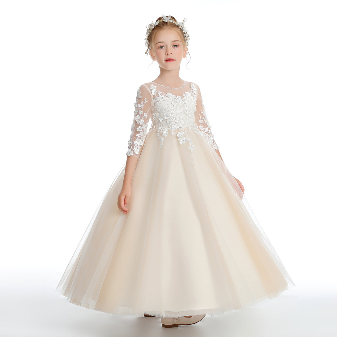 Ball Gown/Princess 3/4 Sleeve Scoop Neck Floor-Length Lace/Tulle Flower Girl Dresses/First Communion Dress With Appliques/Beads Girls Gidiondress