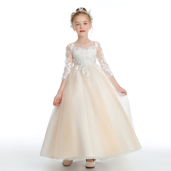 Ball Gown/Princess 3/4 Sleeve Scoop Neck Floor-Length Lace/Tulle Flower Girl Dresses/First Communion Dress With Appliques/Beads Girls Gidiondress