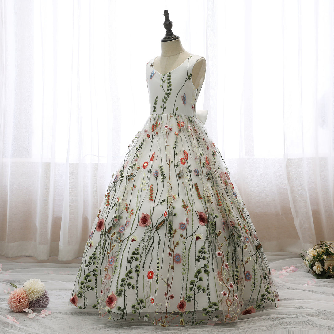 V-Neck Sleeveless Floor-Length Lace/Satin Flower Girl Dresses With Belt Gidiondress