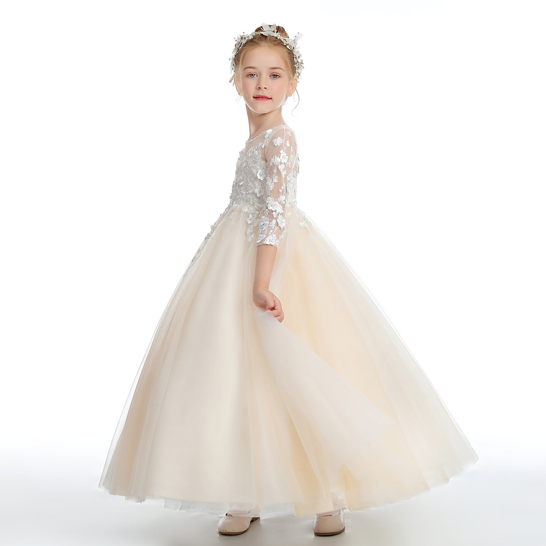 Ball Gown/Princess 3/4 Sleeve Scoop Neck Floor-Length Lace/Tulle Flower Girl Dresses/First Communion Dress With Appliques/Beads Girls Gidiondress
