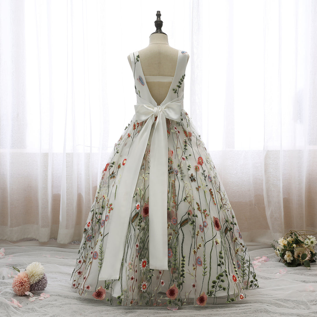 V-Neck Sleeveless Floor-Length Lace/Satin Flower Girl Dresses With Belt Gidiondress
