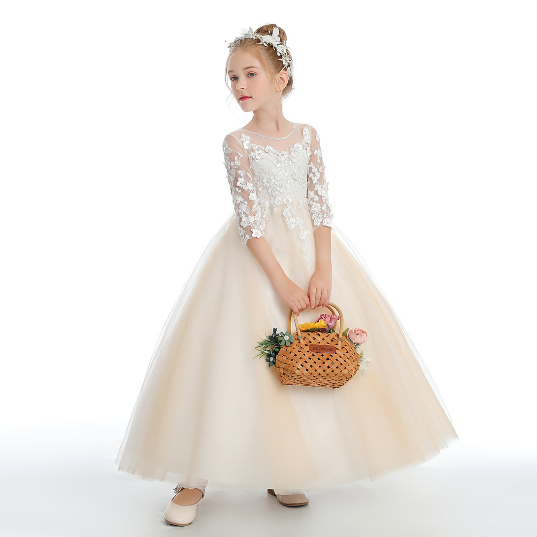 Ball Gown/Princess 3/4 Sleeve Scoop Neck Floor-Length Lace/Tulle Flower Girl Dresses/First Communion Dress With Appliques/Beads Girls Gidiondress