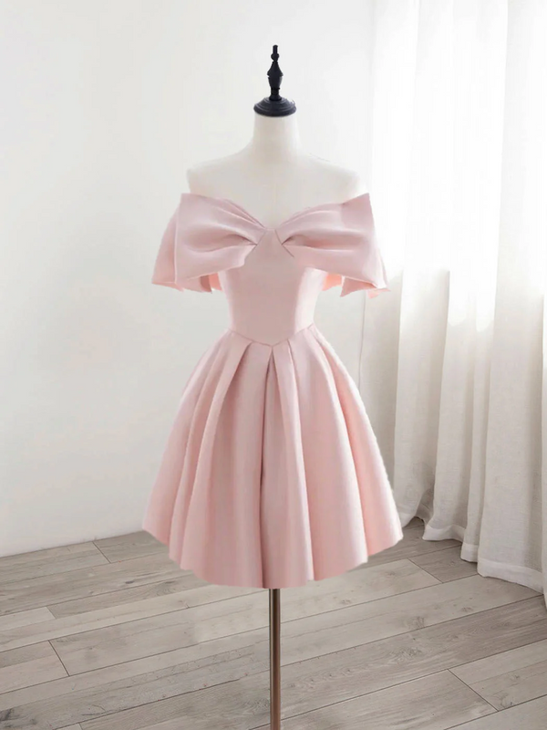 A-Line Off Shoulder Satin Pink Short Prom Dress, Pink Homecoming Dress Homecoming Dress BabaMila