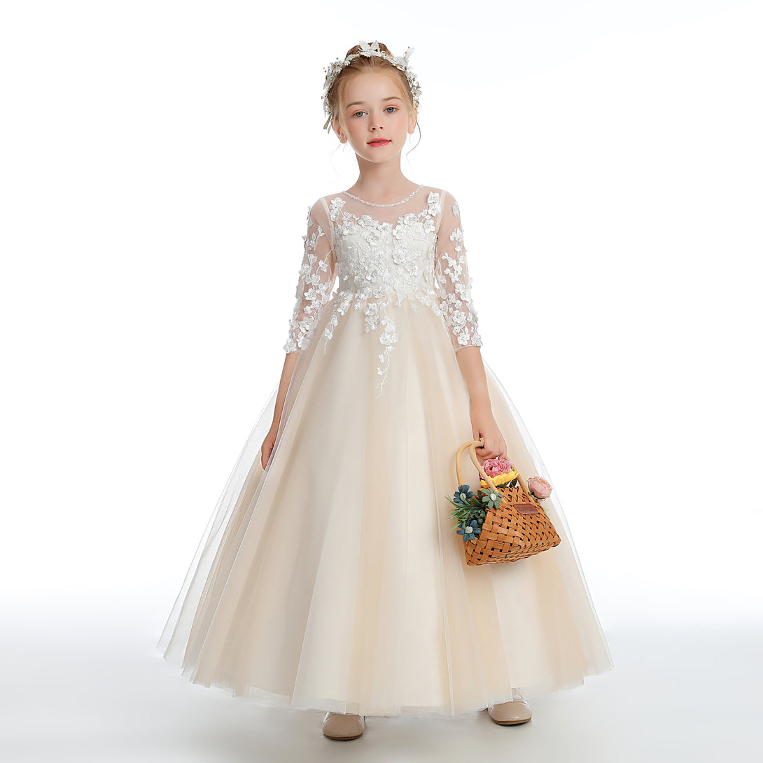 Ball Gown/Princess 3/4 Sleeve Scoop Neck Floor-Length Lace/Tulle Flower Girl Dresses/First Communion Dress With Appliques/Beads Girls Gidiondress