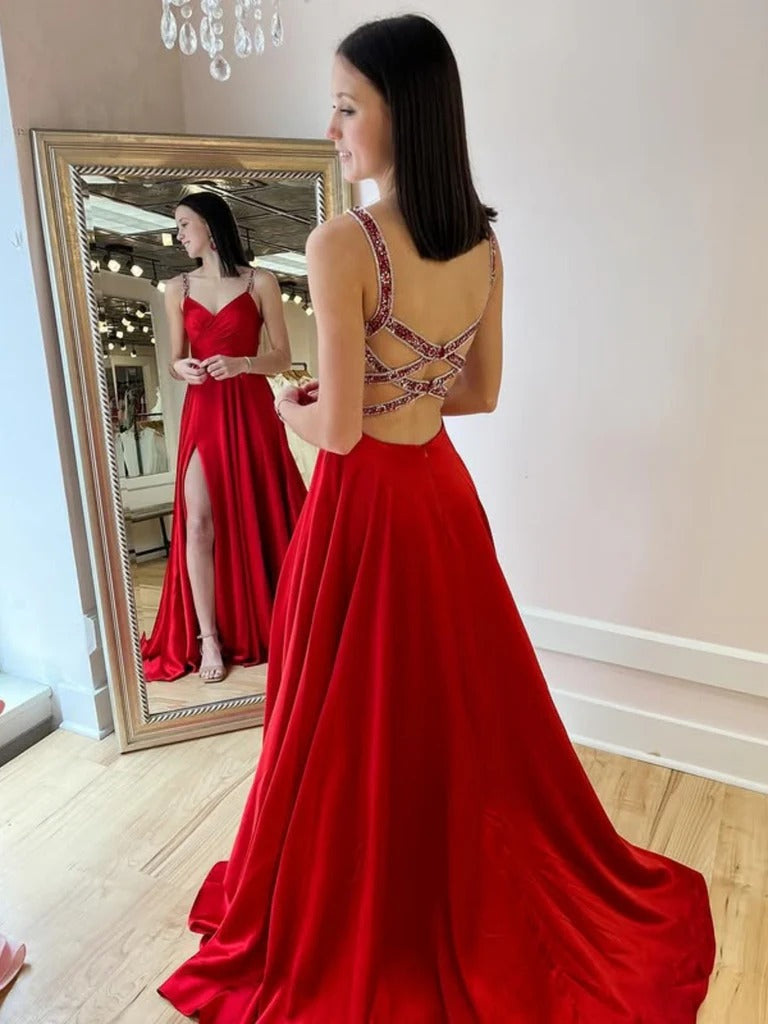 A Line V Neck Backless Red Long Prom Dresses with High Slit, V Neck Open Back Red Formal Evening Dresses BabaMila