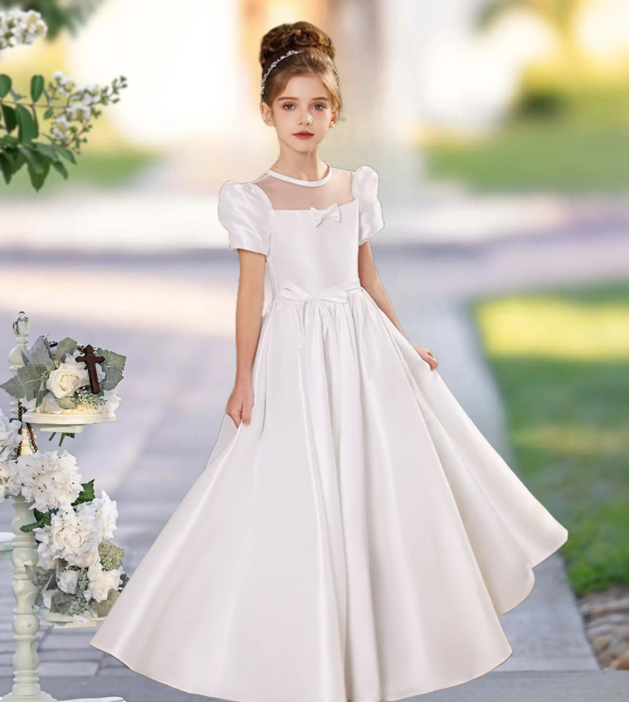 A-Line Square Neck Short Sleeve Floor-Length Satin Holiday＆Christmas Dresses With Belt/Bow Girls Gidiondress Ivory 12M