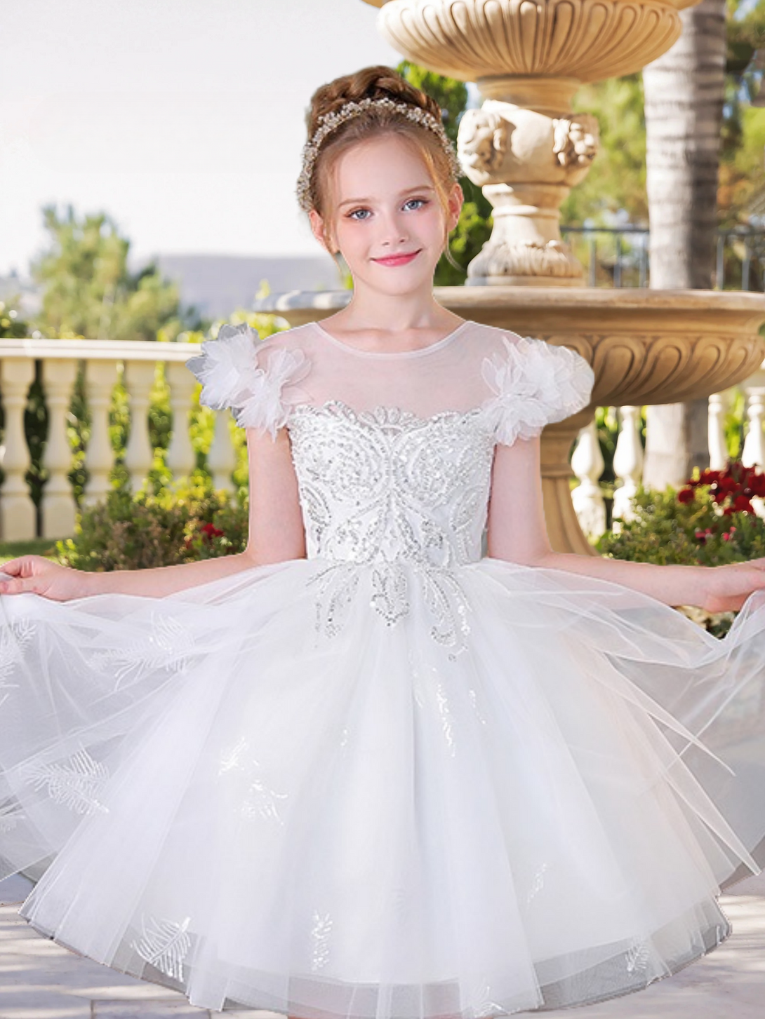 Elegant Boat Neck Flutter Straps Knee-Length Lace/Tulle Flower Girl Dresses With Appliques/Beads Gidiondress
