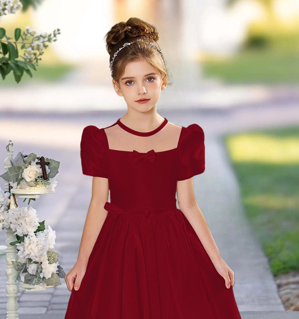 A-Line Square Neck Short Sleeve Floor-Length Satin Holiday＆Christmas Dresses With Belt/Bow Girls Gidiondress