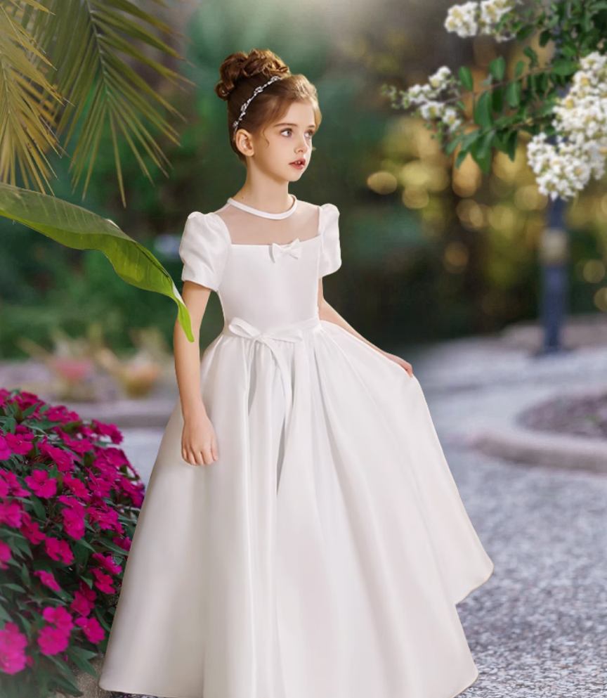 A-Line Square Neck Short Sleeve Floor-Length Satin Holiday＆Christmas Dresses With Belt/Bow Girls Gidiondress