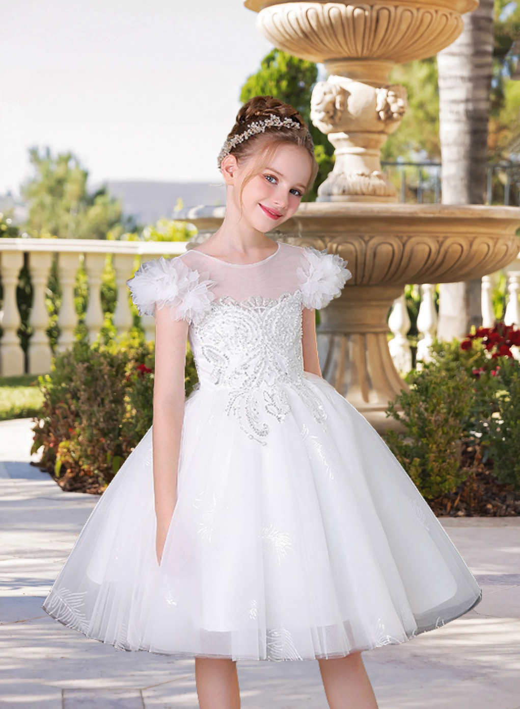 Elegant Boat Neck Flutter Straps Knee-Length Lace/Tulle Flower Girl Dresses With Appliques/Beads Gidiondress