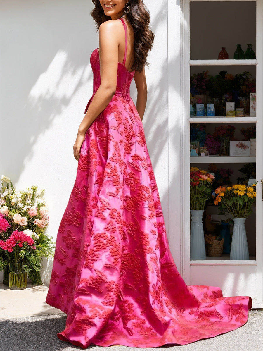 A-Line Elegant Spaghetti Straps Sleeveless Floral Long Prom Dresses With Pleats & High Split BabaMila