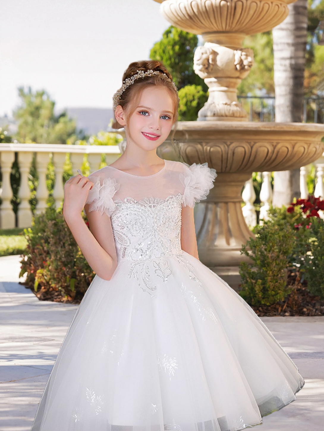 Elegant Boat Neck Flutter Straps Knee-Length Lace/Tulle Flower Girl Dresses With Appliques/Beads Gidiondress
