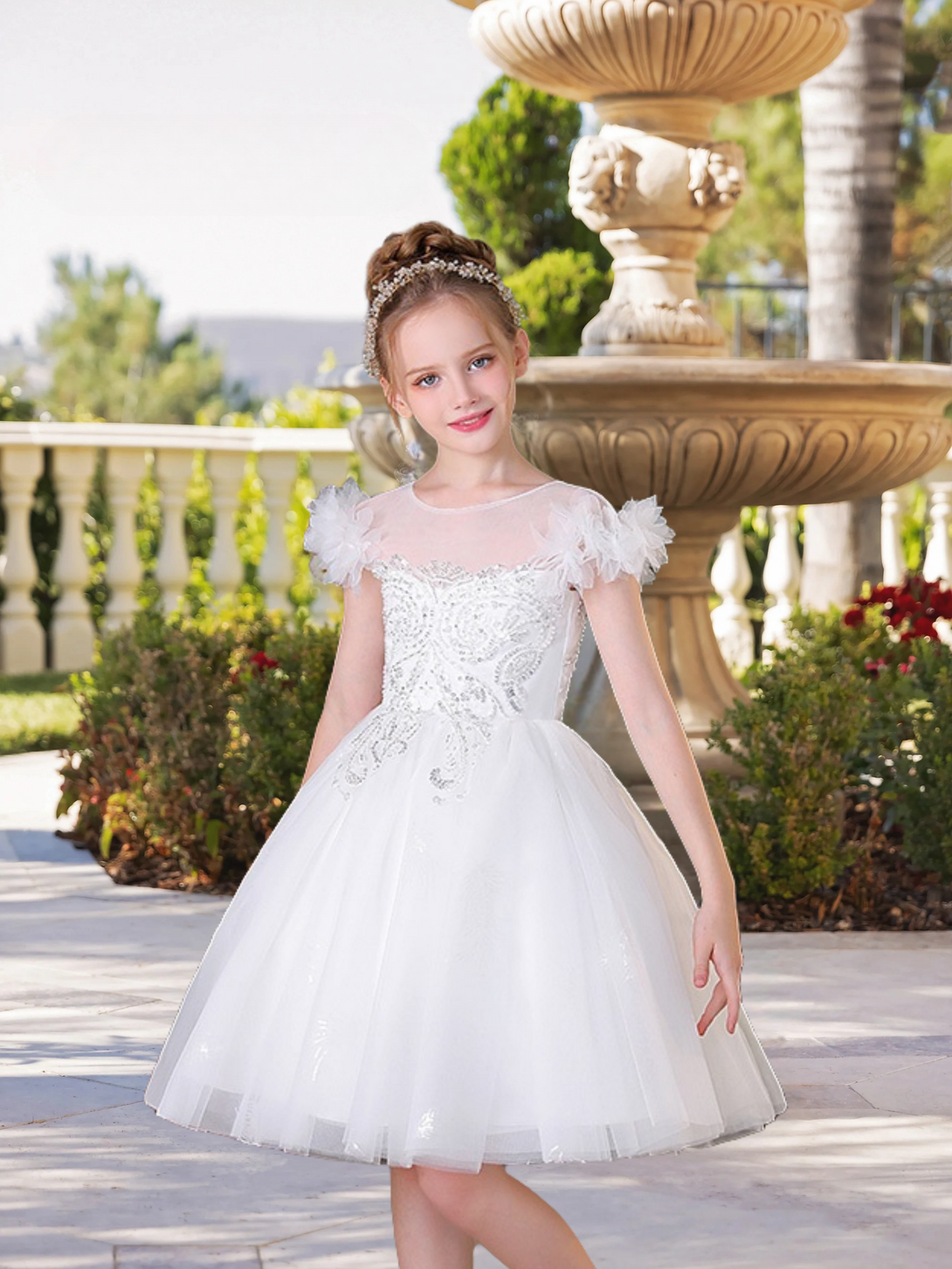 Elegant Boat Neck Flutter Straps Knee-Length Lace/Tulle Flower Girl Dresses With Appliques/Beads Gidiondress