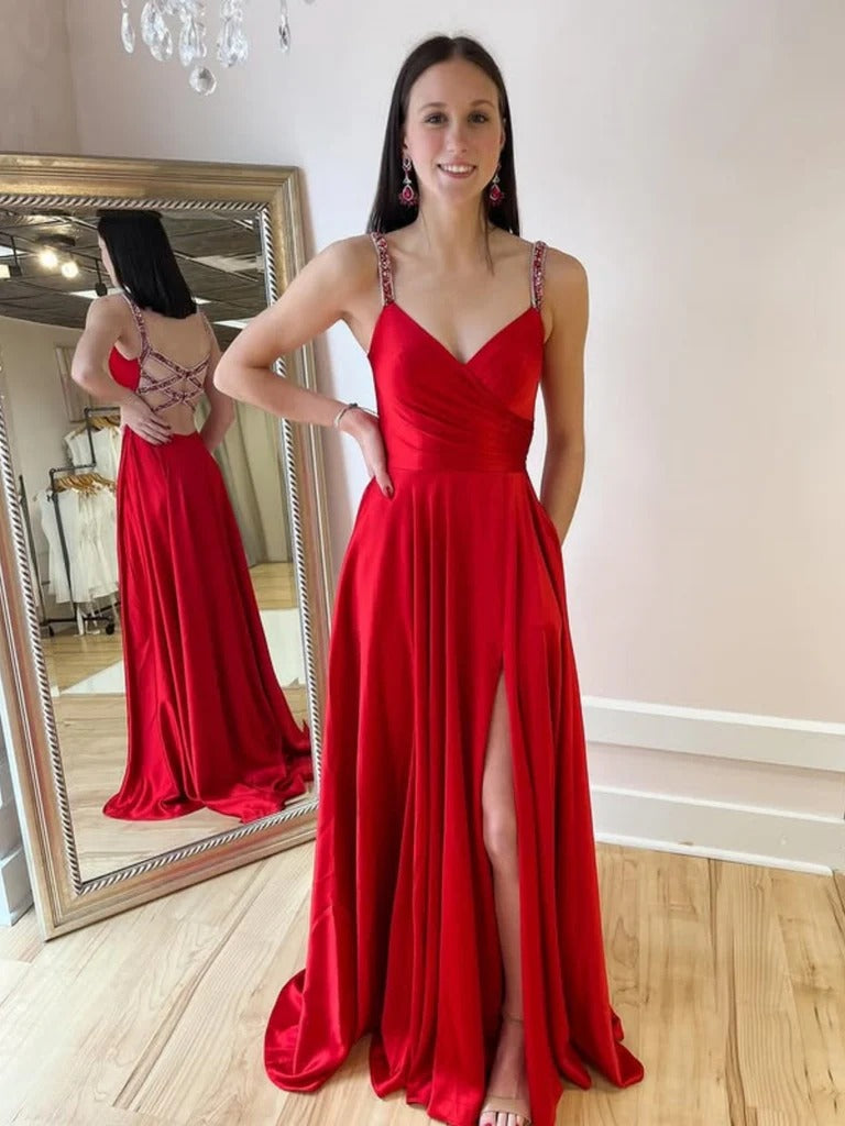 A Line V Neck Backless Red Long Prom Dresses with High Slit, V Neck Open Back Red Formal Evening Dresses BabaMila