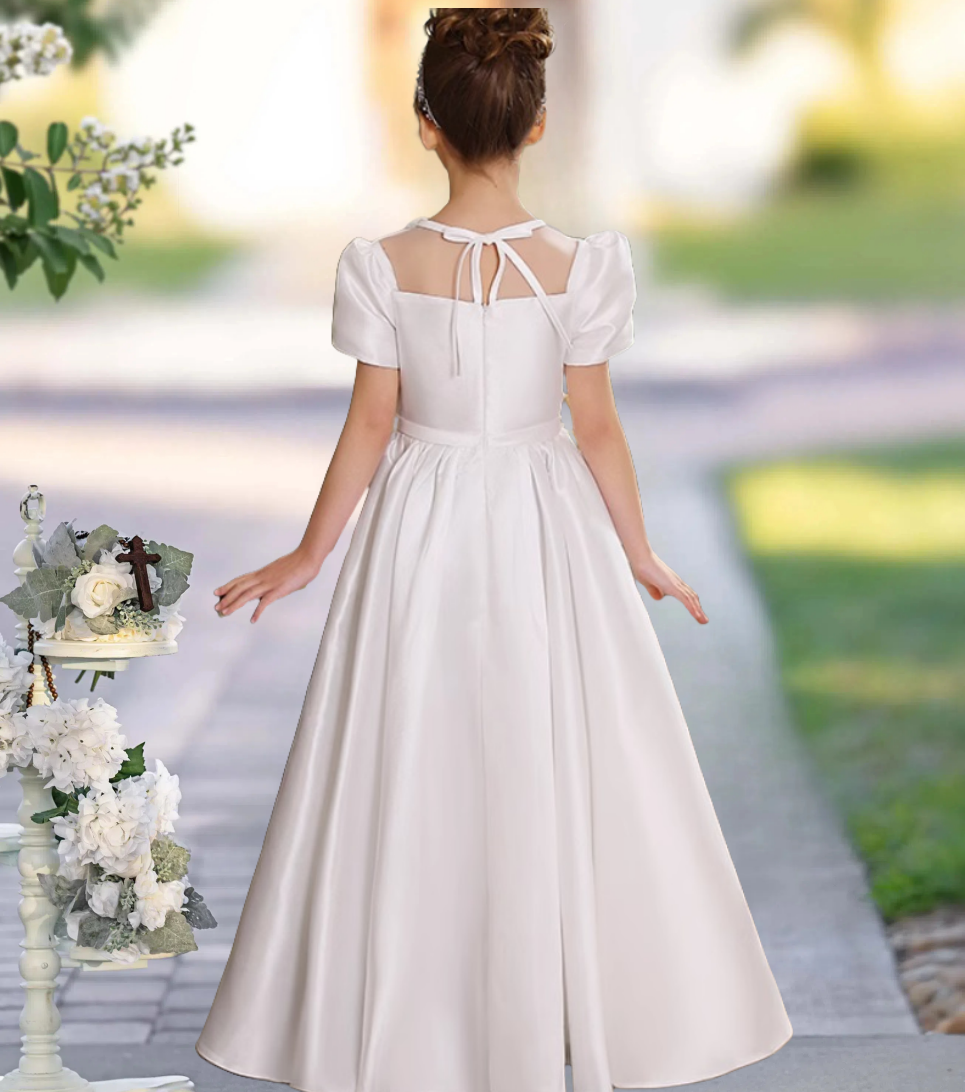 A-Line Square Neck Short Sleeve Floor-Length Satin Holiday＆Christmas Dresses With Belt/Bow Girls Gidiondress