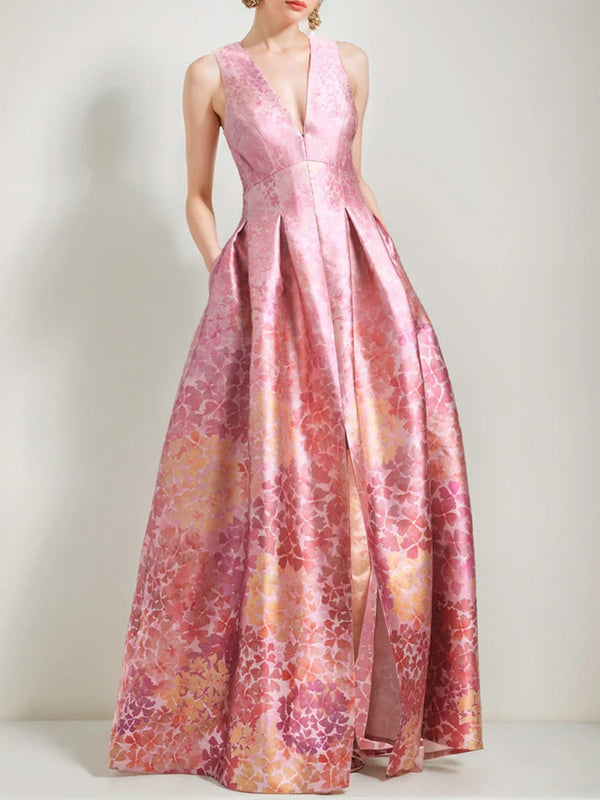 A-Line/Princess V-Neck Sleeveless Printed Floral Mother Of The Bride & Groom Dresses With High Split & Pocket BabaMila