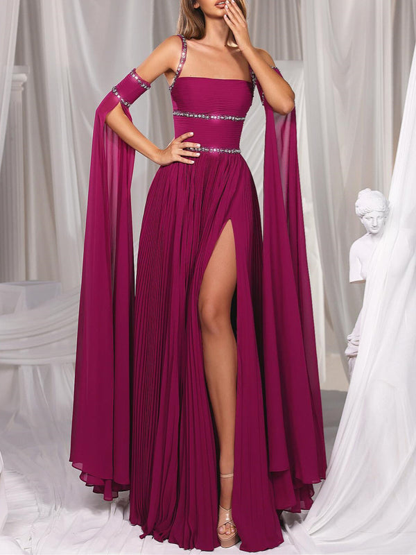 A-Line/Princess Spaghetti Straps Removable Split Sleeves Floor-length Prom Dresses With Split Side/Beads/Sash BabaMila