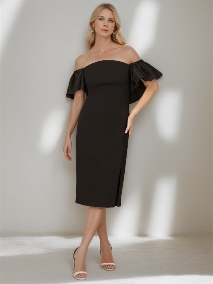 Sheath/Column Off-the-Shoulder Sleeveless Tea-Length Wedding Dress With Pure Color BabaMila