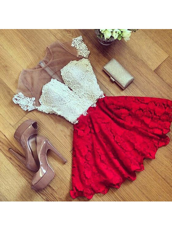 Homecoming Dress Red Black Short Sleeve Short Prom Dress Party Dress Homecoming Dress BabaMila