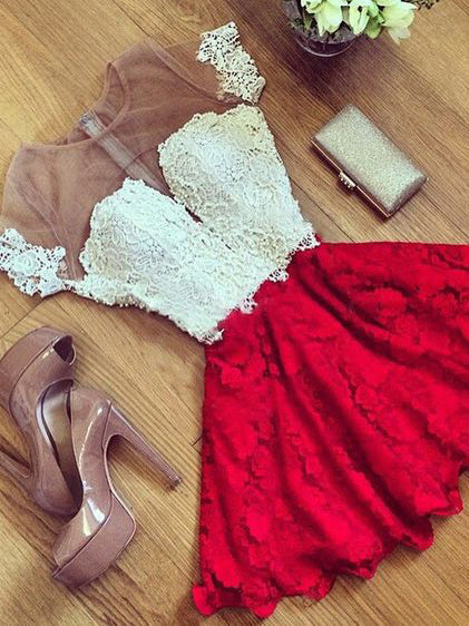 Homecoming Dress Red Black Short Sleeve Short Prom Dress Party Dress Homecoming Dress BabaMila