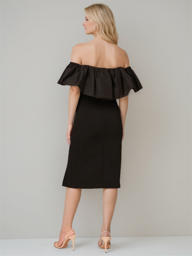 Sheath/Column Off-the-Shoulder Sleeveless Tea-Length Wedding Dress With Pure Color BabaMila