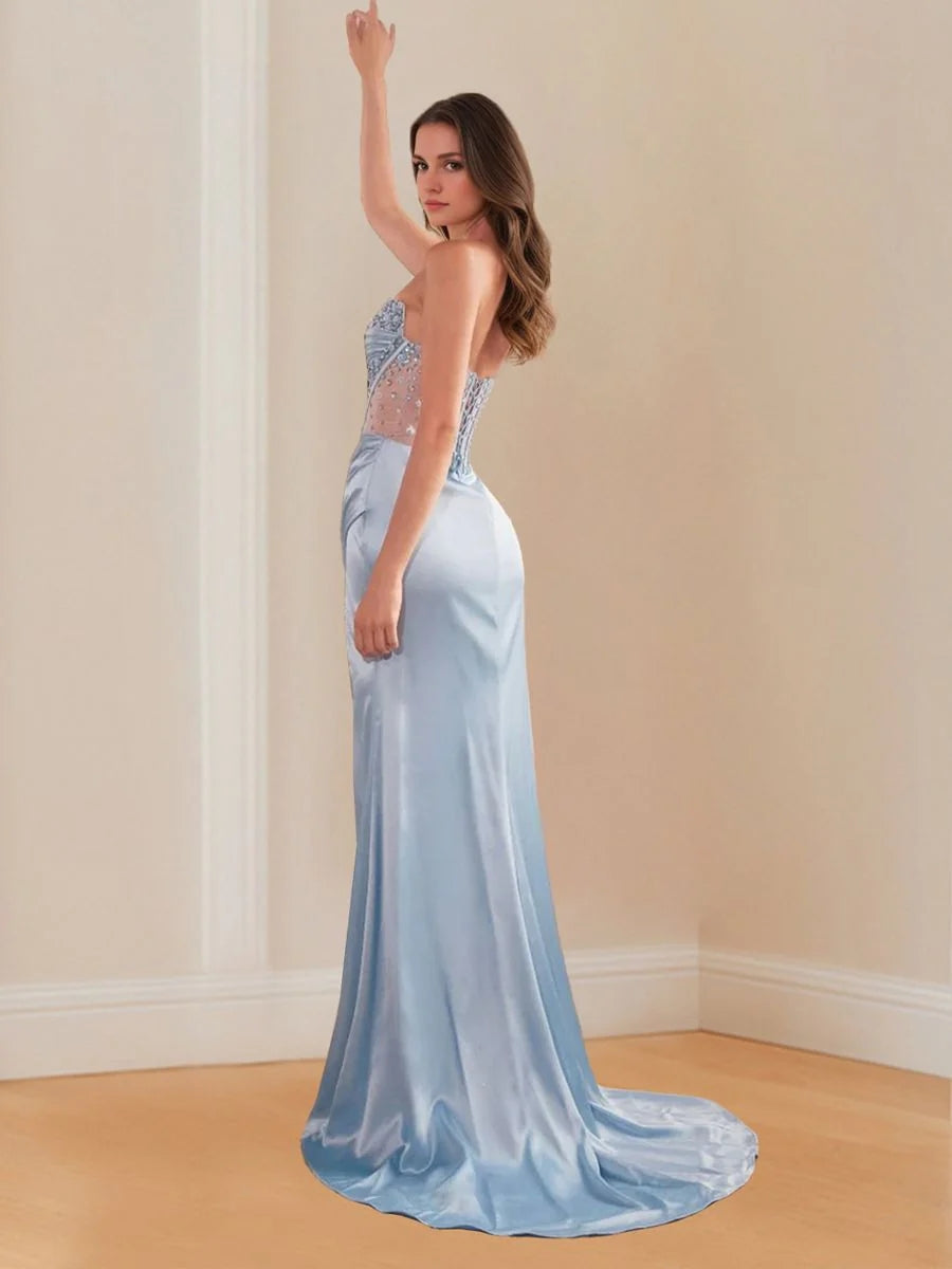 Sheath/Column Strapless Sleeveless Ruched Prom Dresses with High Split & Beading BabaMila