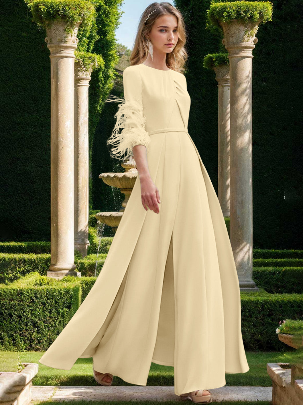Jewel Neck Half Sleeves Ankle-Length Mother Of The Bride Pantsuits With Feathers BabaMila