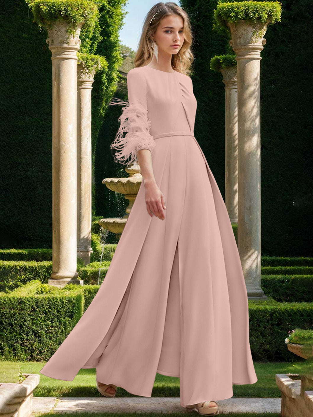 Jewel Neck Half Sleeves Ankle-Length Mother Of The Bride Pantsuits With Feathers BabaMila