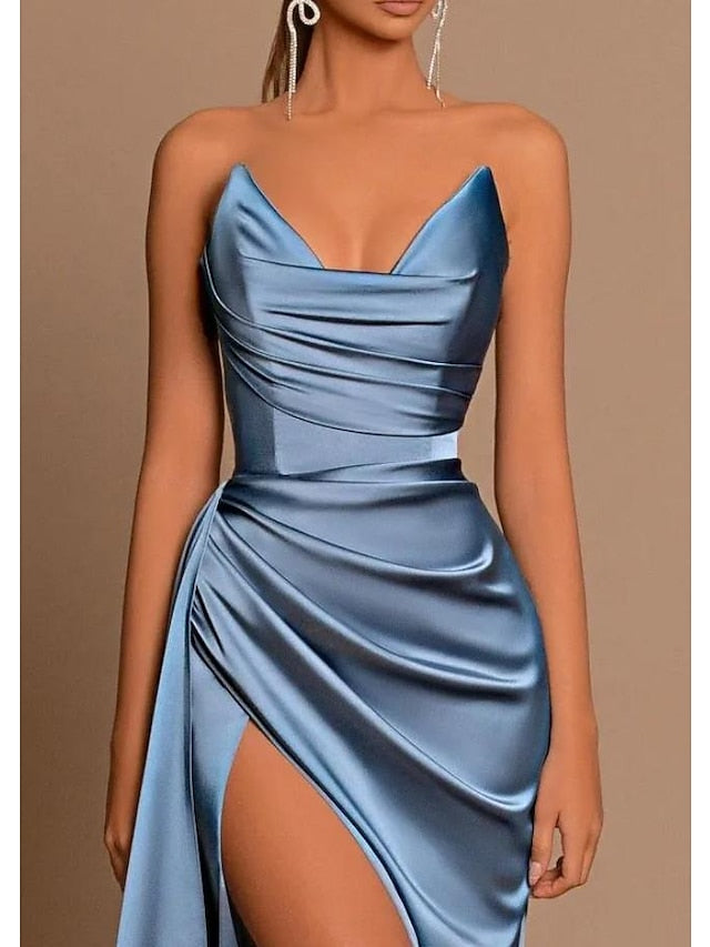 Sheath/Column Strapless Floor-length Prom Dresses With Ruched/Slit BabaMila