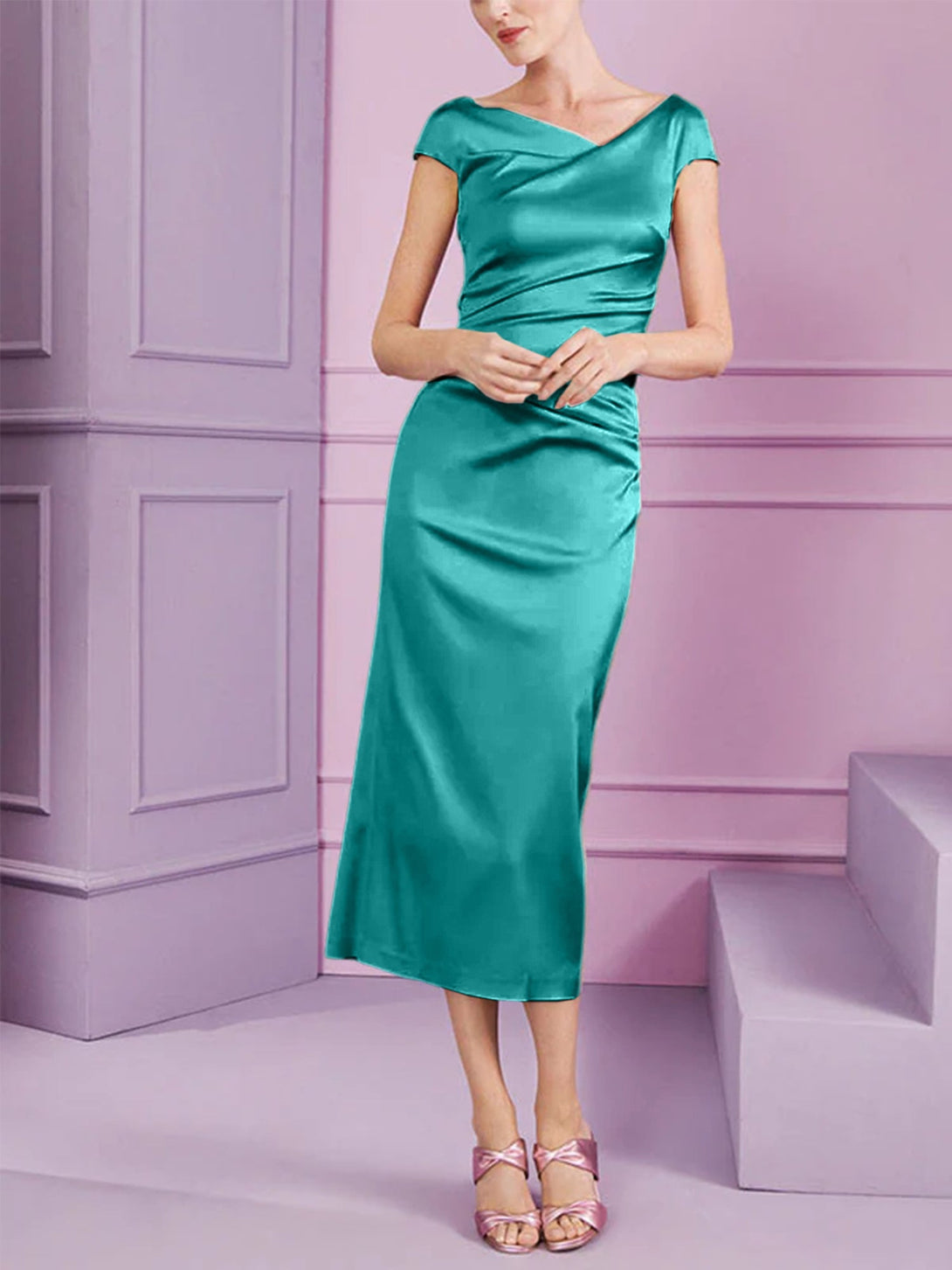 Sheath/Column Cowl Neck Short Sleeves Tea-Length Mother Of The Bride Dresses With Ruffles BabaMila