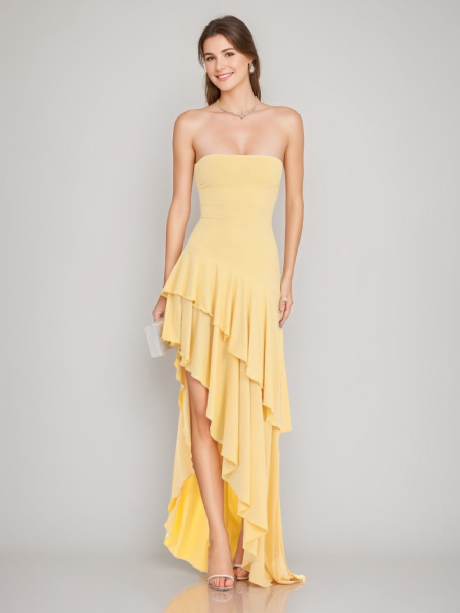 A-Line/Princess Romantic Strapless Asymmetrical Prom Dresses with Ruffles BabaMila