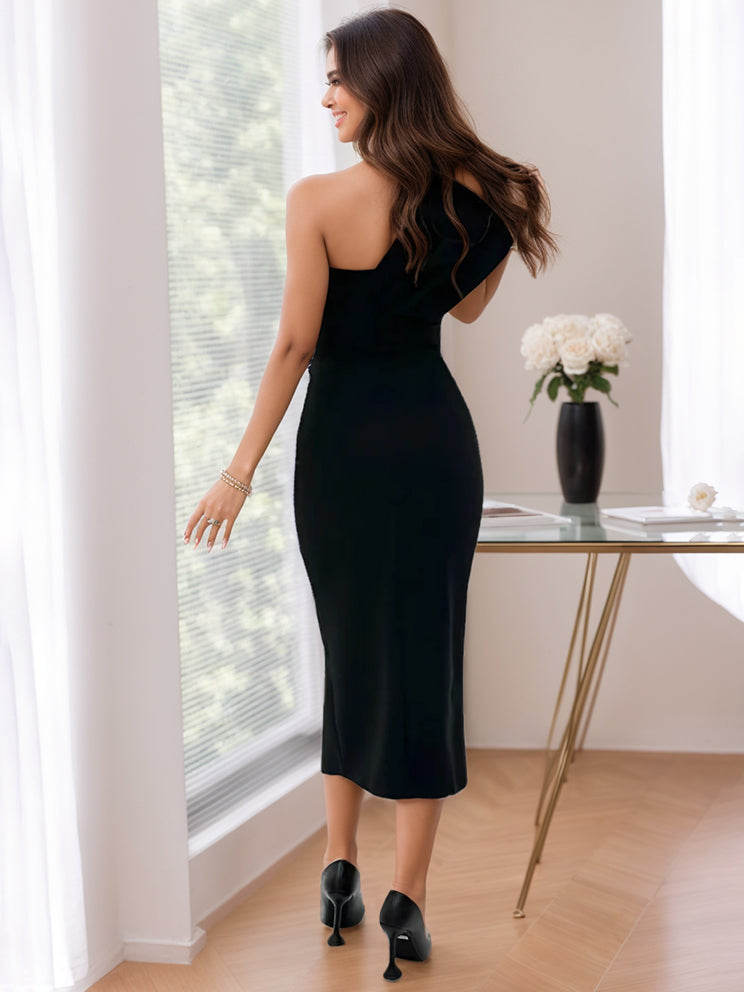 Sheath/Column One-Shoulder Tea-Length Mother Of The Bride Dresses With Split Side & Bow(S) BabaMila