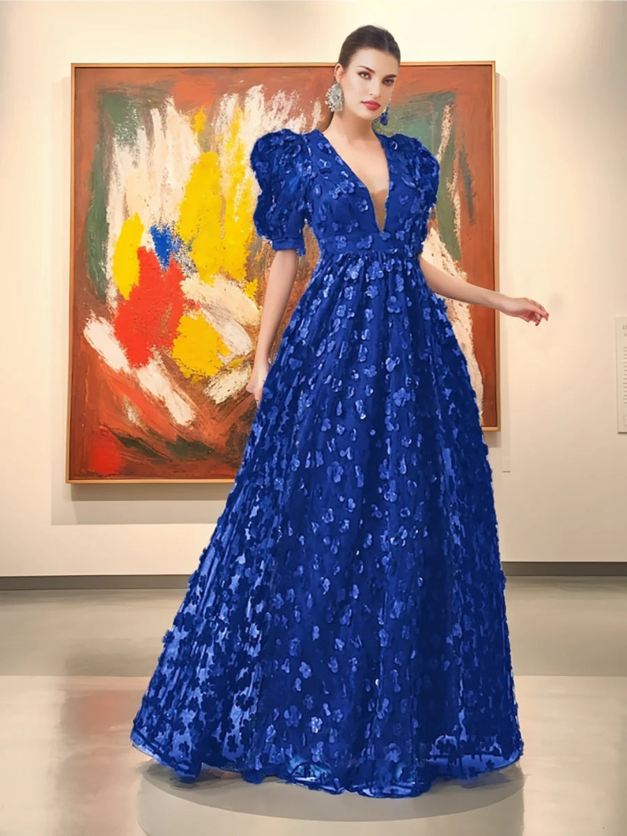 A-Line/Princess V-Neck Half Sleeves Chiffon Evening Dresses with Floral Embroidery BabaMila